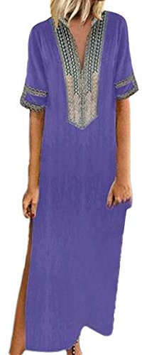 Ni_ka Maxi Dress Col en V Sexy Kaftan Femme Grande Taille Chic Fine Robe Fendue à Manches Courtes éTé Noir Rose Violet M Ni_kadress44591
