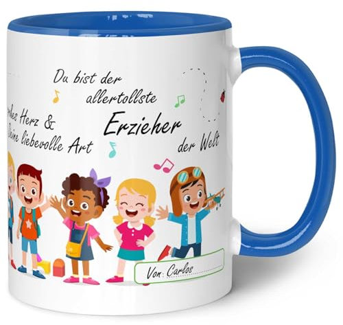 GRAVURZEILE Bedruckte Tasse mit Spruch - Erzieher Abschied - Herzliche Geschenke - Geschenk für Erzieher zum Kindergarten Abschied - Geschenk als Dankeschön für Frauen und Männer - Blau