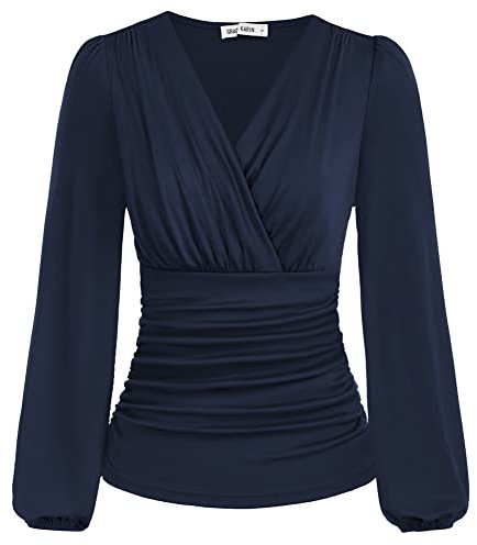 Femme Blouse Décontractée Cache-Cœur Collant à Manches Longues de Lanterne Tunique Automnale Casual Col Croisé en V XXL Bleu foncé