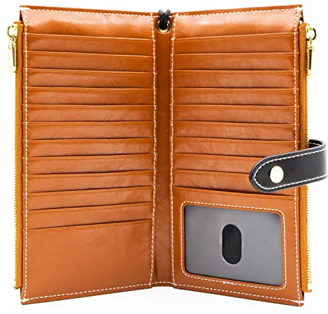 ANDOILT Wallet Women Men RFID Blocking Genuine Leather Bifold Multi Card Organizer Wristlet Purse with Zipper Pocket Cell Phone Handbag