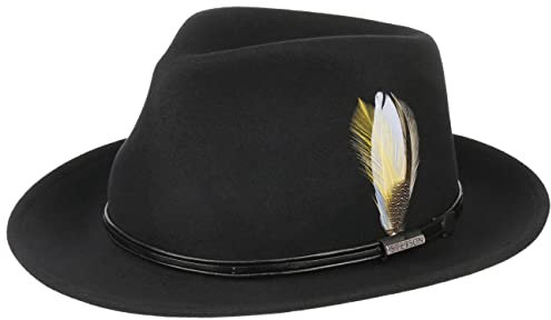Stetson Langville VitaFelt Wollhut - Unifarbener Hut mit Federn - Outdoor-Regenhut mit Lederband & Federdekor - Herbst/Winter - Unisex schwarz M (56-57 cm)