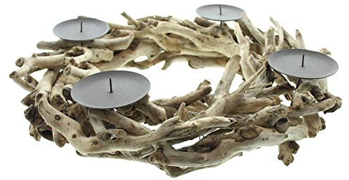 FRANK FLECHTWAREN Adventskranz Treibholz, naturbelassen, Metallkerzenhalter, mattbraun lackiert, Maße: Ø 40 x 11 cm, Innen-Ø 18 cm, vielseitig Gestaltung möglich