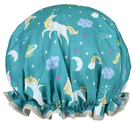 1 Pack Shower Cap for Women, Oil-proof Caps, Double Layers Waterproof Reusable Bath Caps With Ruffled Edge Covering for Girls, Women, Ladies, Kids (LightBlue Unicorn)