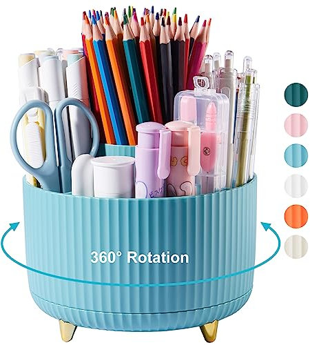 Lolocor Porte-stylo rotatif à 360 degrés, 5 emplacements pour bureau - Multifonction - Pot à crayons de maquillage - Porte-pinceaux de maquillage - Boîte de rangement pour cartes de visite - Bleu