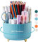 Lolocor Porte-stylo rotatif à 360 degrés, 5 emplacements pour bureau - Multifonction - Pot à crayons de maquillage - Porte-pinceaux de maquillage - Boîte de rangement pour cartes de visite - Bleu