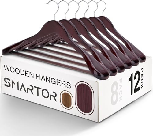 SMARTOR Kleiderbügel aus Holz, 12 Stück – breite Schulter-Holz-Kleiderbügel mit rutschfester Hosenstange, Holzbügel für Anzüge, Mäntel, Jacken, Holzbügel als schwere Kleiderbügel, Set mit Kerben –