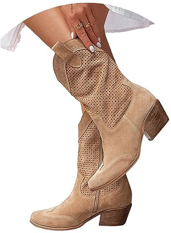 tinetill Stivali Donna Stivaletti classici in pelle scamosciata Stivali a punta con tacco basso Stivali medi in pelle scamosciata traforata Donna Autunno Inverno Scarpe Stivali lunghi