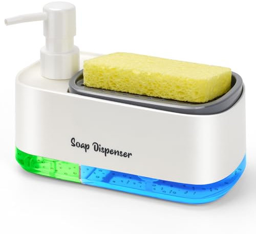 Hand- und Spülseifenspender-Set für Küche, Dual-Seifenspender mit Schwammhalter, 3-in-1-Seifenpumpenspender für Küchenspüle, nützliche Küchenhelfer - Weiß
