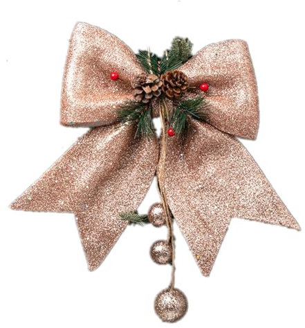 PRIMUZ Weihnachtsschleifen Glitzer Schleifen Deko mit Pailletten Tannenzapfen Holly Beeren Hänge Ornamente für Weihnachtlicher Baumschmuck Christbaum Dekorationen Weihnachtsbaum Anhänger (Roségold)