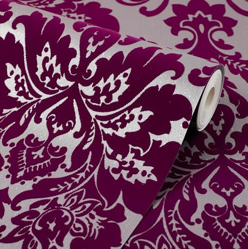 Exclusive Flock Havana Purple Grey Damask Wallpaper H66003