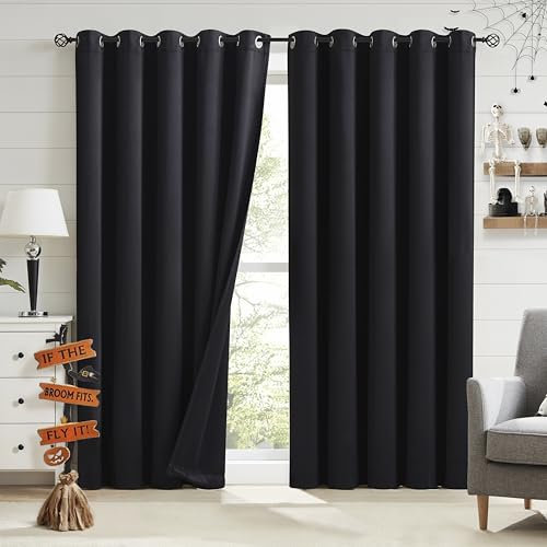 Bujasso Black Full Blackout Curtains 90 inches Thermal Insulated Room Darkening Draps for Living Room Bedroom Luxury Energy Saving Window Treatment Sets Grommet Top 2 Panels 65 Wx90 L