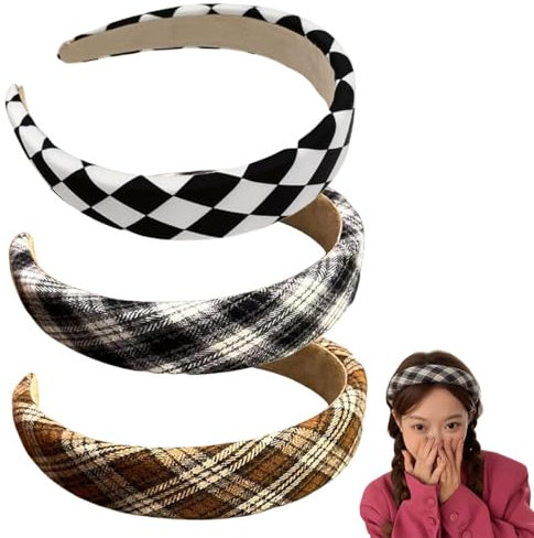 scicent Haarreif Breit 3 Stück Haarreifen mit Stoff Gepolstertes Stirnband Vintage Karierter Print Haarreifen Schwamm Haarband für Mädchen und Frauen - 6006