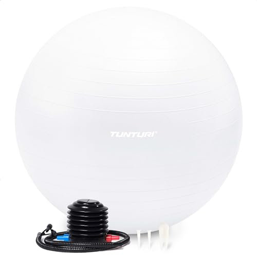 Tunturi Anti Burst Fitnessball mit Pumpe - Yoga-Ball 65 cm - Pilates-Ball - Schwangerschaftsball – 220 kg Benutzergewicht - Inklusive Trainings-App – Weiß