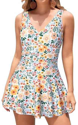 SHEKINI Costume da bagno intero da donna, con scollo a V, elegante, costume da bagno, Arancione Viola, M