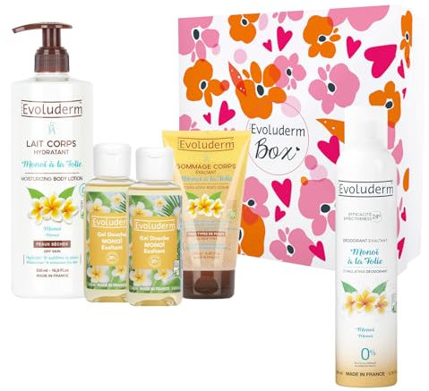 EVOLUDERM – Coffret Bain Femme - Soins Corps - Monoï de Tahiti - 4 Produits + Déo OFFERT - d'Origine Naturelle - Idée Cadeau - Coffret cadeau de Noël – Anniversaire - Fête des Mères (Rosèa)