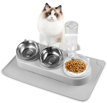 Cat Bowls Set 3 in 1.3 in 1 Raised Cat Bowls with Mat, Cat Bowl Three Bowl 3 in 1, Cat Bowl Holder for Dog Bowls, Wet and Dry Food, with Stainless Steel Bowl