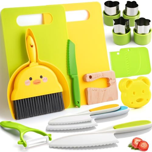 Tyrkuiy Kids Kitchen Tools, 19-Piece Set: Real Montessori Cooking Set for Toddlers & Kids, Includes Whisk, Rolling Pin, Cookie Cutters, Kid-Friendly Knife, Storage Case