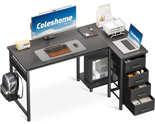 Coleshome Scrivania Angolare, 120x70cm Scrivania a L con 4 Cassetti, Tavolo da Lavoro Reversibile per Ufficio/Camera da Letto, Nero