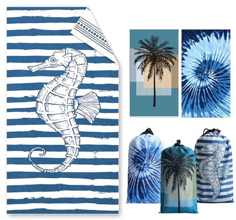 Strandtuch Groß, 180 x 100 cm Doppelseitig Strandhandtuch, Schnell Trocknendes, Weiches, Leichtes, Pflegeleicht, Sandfreies Microfaser Handtücher für Reise Urlaub Schwimmen Camping (Seepferdchen)
