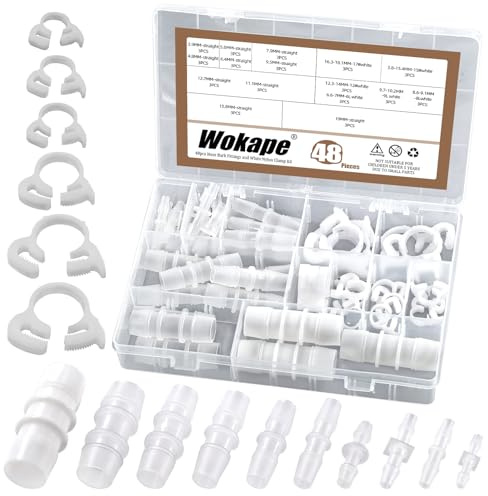Wokape 48Pcs Schlauch Barb Fitting Kit, 5/32„ 7/32“ 3/16„ 5/16“ 7/16„ 3/8“ 5/8„ 1/4“ 3/4„ 1/2“ 10 Größen Kunststoff Reduzierstücke W Schlauchklemmen Rohrverbinder Aquarium Union Splicer Adapter