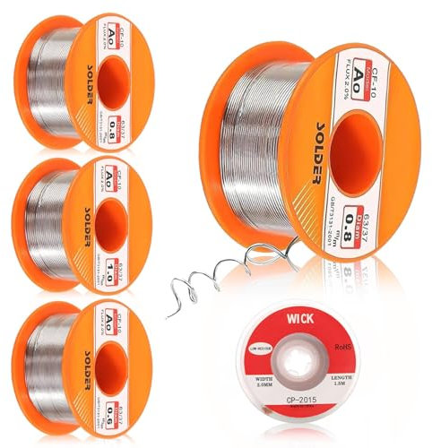 XIAQICA Lötzin 5 Stück 50g Lötzinn mit Kolophoniumkern Lötzinn Flussmittel 0,6/0,8/1 mm mit Entlötlitze(2mm/1.5m) Für Heimwerker Schweißarbeiten und Elektroreparaturen