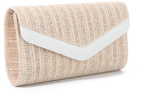 EVEOUT Clutch de Paja con Cadena Mujer Verano Boho Cartera de Mano Tejido de Noche Bolso Bandolera sobre de Rafia para Bodas,Playa y Fiesta