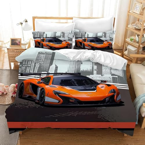 CXYXHW Rennwagen Bettwäsche Set für Jungen,Sportwagen Bettbezug Extreme Sport Thema Bettwäsche Set für Kinder mit Reißverschluss und 2 Kissenbezug (Rennwagen 1, 135x200cm)