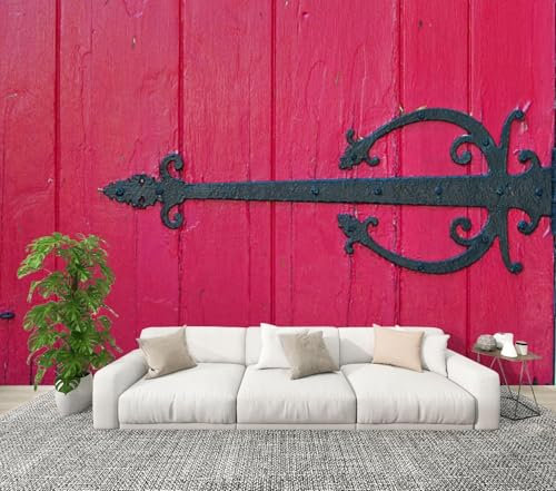 Fotomurales Decorativos Pared Puerta de Madera Retro 450x315 cm Papel Pintado Tejido No Tejido Rosa Roja Fotomural 3D Mural Paredes Papel Tapiz Decoración Salón o Dormitorio a.7407