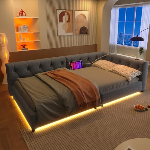 FEZTOY Polsterbett 90x200 mit LED und USB-Anschluss, Bettgestell mit Lattenrost, Tagesbett Schlafsofa Bettsofa Gästebett Jugendbett Leinen Daybett, ohne Matratze, Grau