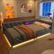 FEZTOY Polsterbett 90x200 mit LED und USB-Anschluss, Bettgestell mit Lattenrost, Tagesbett Schlafsofa Bettsofa Gästebett Jugendbett Leinen Daybett, ohne Matratze, Grau