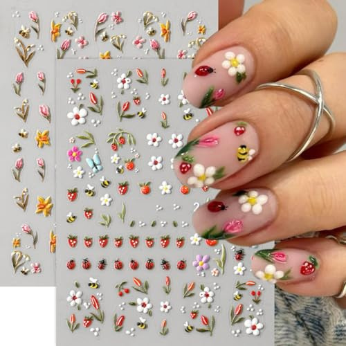 CharmeFleur Stickers d'art pour ongles en fleurs 5D, autocollants en relief, design floral, 3 pièces pétale fraise insecte autocollant pour ongles