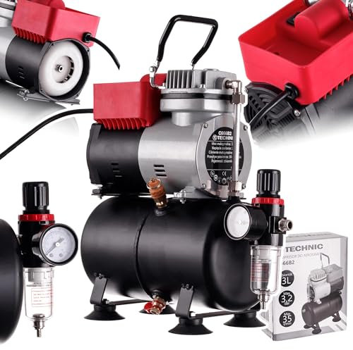 TC TECHNIC - Compressor for Airbrush - Powerful - Air Flow 30-35 L/min - with 3L Tank, Pressure Reducer with Lock and Filter, Auto-Start/Stop, Cooling and Thermal Protection