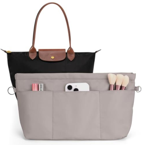 Kaempe Taschen Organizer für Longchamp Tasche Le Pliage m, Nylon Taschenorganizer Shopper mit 13 Taschen und Schlüsselkette, Innentasche Handtaschen für Tote Bag Handbag Damen (Grau, M)