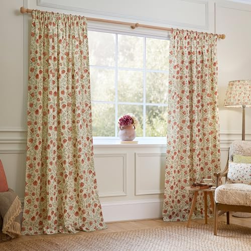 Voyage Maison Elai Pencil Pleat Curtain Pair – 100% Cotton Nature Inspired Country Floral Design (Orange - 117x183cm)