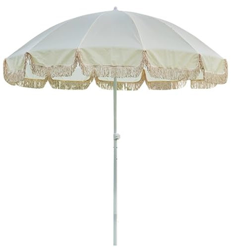 ZIUSFAC Beige Parasol À Frange 2.4m Parasol De Plage avec Franges Parasol De Table De Marché Grand Boho Parasol D'Extérieur Hauteur Réglable Mât en Fer