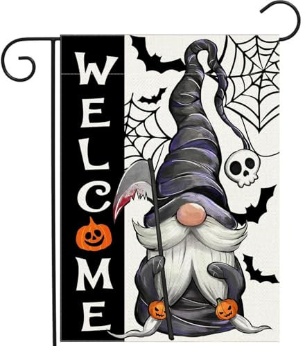 Bandera de jardín de Halloween - Decoración al aire libre resistente a la fatiga de doble cara con cráneo espeluznante, Spider Web y Gnome Design - Bandera de patio vertical para césped, decoración