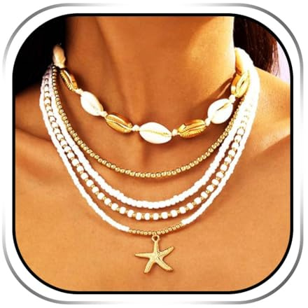 Evlry Boho-Halskette mit Muscheln und goldenem Seestern-Anhänger, Strand-Perlen-Choker für Damen