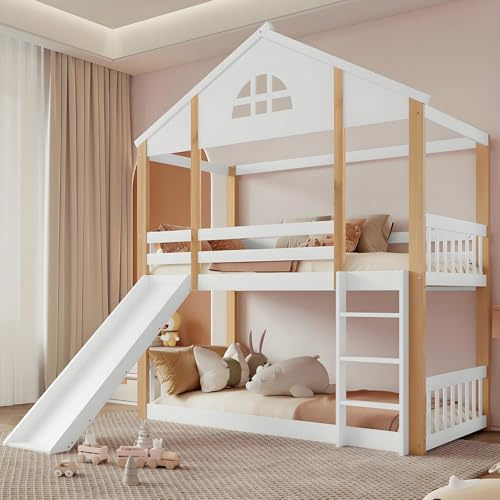 Lit Superposé Enfant 90 X 200Cm Avec Toboggan Et Escalier Pour 1 à 2 Enfants,Lit Mezzanine,Lit Cabane Dans Les Arbres, Lit En Bois Avec Fenêtre,Lit Cabane Avec Rails De Sécurité Et Sommier à Lattes
