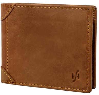 STARHIDE Men’s RFID Blocking Genuine Distressed Hunter Leather Bifold Wallet with 2 ID Card Windows – Soft Real Leather Card Holder Slim Wallet Model 1145 (Tan)