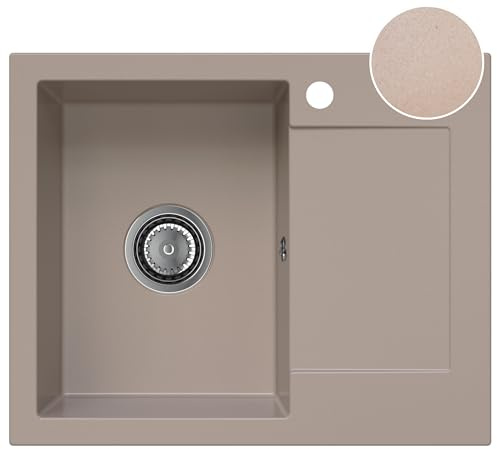 SINK QUALITY Granitspüle beige 58x47 - Spülbecken mit Siphon und Imprägniermittel - Küchenspüle beige mit Abtropffläche für 50er Unterschrank