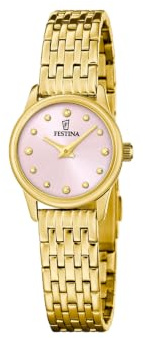 Festina Damenuhr Analog aus Edelstahl 316L Goldfarben | Quarzuhr, Widerstandsfähiges Mineralglas, Wasserdicht 5 ATM, F20750/2, Mademoiselle