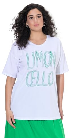 Ulla Popken Damen große Größen Übergrößen Plus Size T-Shirt, Limoncello, Oversized, V-Ausschnitt, Halbarm schneeweiß 42+ 847899201-42+