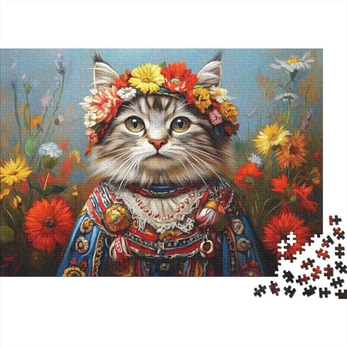 Ritratto Gatto con Corona di Fiori Puzzle 1000 Pezzi Carta per Adulti Prato Fiorito Gioco di Puzzle 1000 Pezzi Relax Decorazione Casa 38x26cm/1000pcs