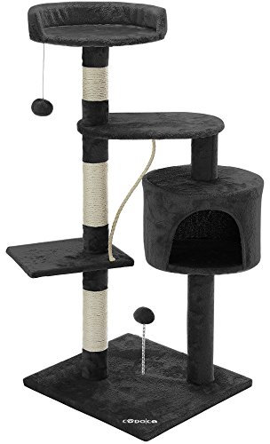 CADOCA® Kratzbaum 112 cm Anthrazit mit Höhle + 3 Plattformen + 2 Spielbälle + 1 Spielseil Kratzstamm Katzenkratzbaum Katzenmöbel Katzenschlafplatz