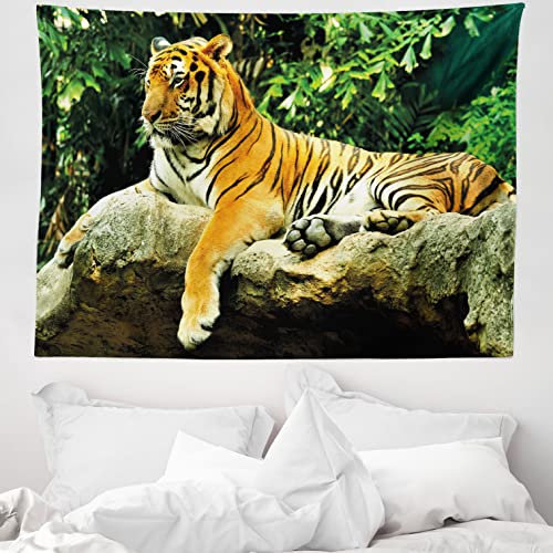 ABAKUHAUS Tiger Wandteppich, Big Cat Resting in Wald aus Weiches Mikrofaser Stoff Waschbar ohne Verblassen Digitaldruck, 150 x 110 cm, Kamel Grün