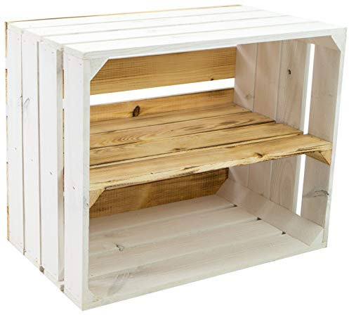 flambierte/geflammte Bücherregal - Schuhregalkiste mit Zwischenbrett/Mittelbrett Einlage ca 50x40x30cm / Apfelkisten Weinkisten Holzkisten aus dem Alten Land (Weiss FLAM Boden FLAM LÄNGS)