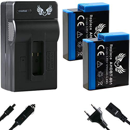 2X SK Akku Ersatz für GoPro Hero 8 Hero 7 Hero 6 Hero 5 Black 2018 || 1250mAh|| + Ladegerät für Go Pro AHDBT-801 AHDBT-501 AABAT-001 Hero8 Hero7 Hero6