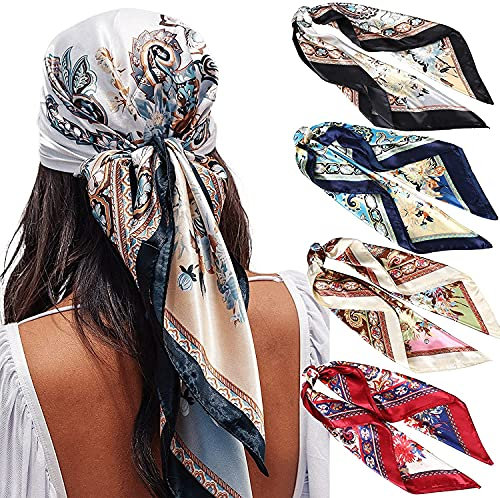 WELROG 90x90cm Große quadratische Fleckschals für Damen 4 PCs Frauen Seidig wie Kopftuch Bandanas Haarschal Halstuc Schlafringe (Set #8)