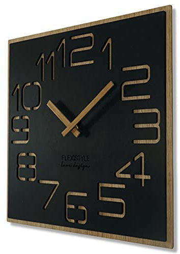 FLEXISTYLE Wanduhr groß holzoptik Holz Digits ECO, quadratisch Stille, Wohnzimmer, Schlafzimmer, Made in EU (Schwarz, 40 cm)