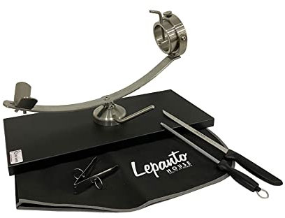 Jamonero giratorio basculante, soporte jamonero profesional con sistema giratorio 360º mas set de corte arcos con cuchillo jamonero, chaira, pinza y cubre jamón. (Base Fibra Negra)